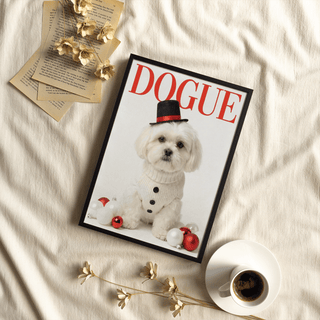 Framed Christmas Shih Tzu Poster with a white dog in a jumper and black hat near dried flowers and coffee