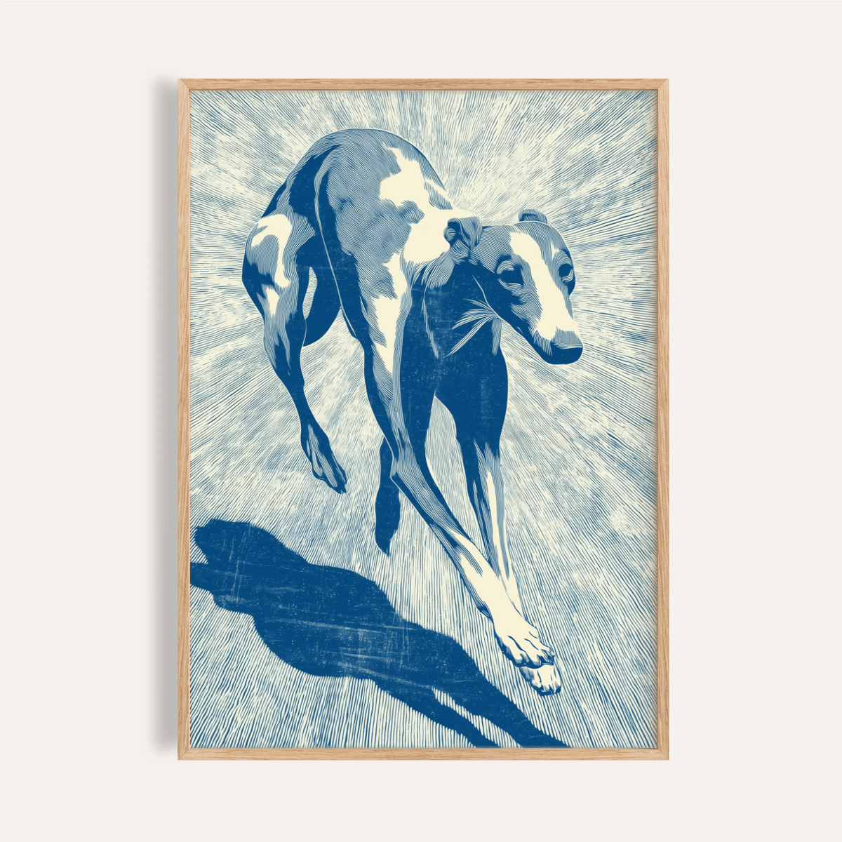 Framed Dog Wall Art of a running greyhound in blue and white line-art
