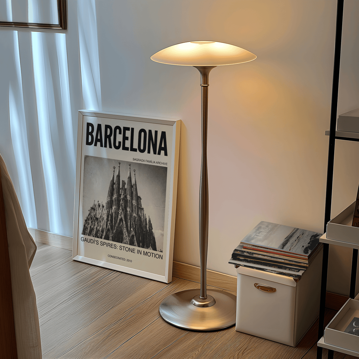 Barcelona Architecture Poster leaning on the floor with vintage Sagrada Familia spires next to a metal floor lamp