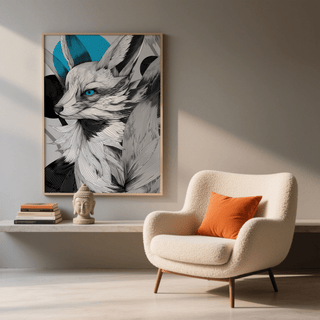 Print of Japanese Fox Print featuring a detailed fox head with blue highlights above a beige chair with an orange cushion