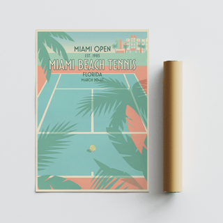 Miami Beach Tennis Print rolled print with minimalist tennis court design and palm trees
