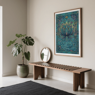 Colorful Nature Print hanging above a wooden bench with a mirror and potted plant nearby