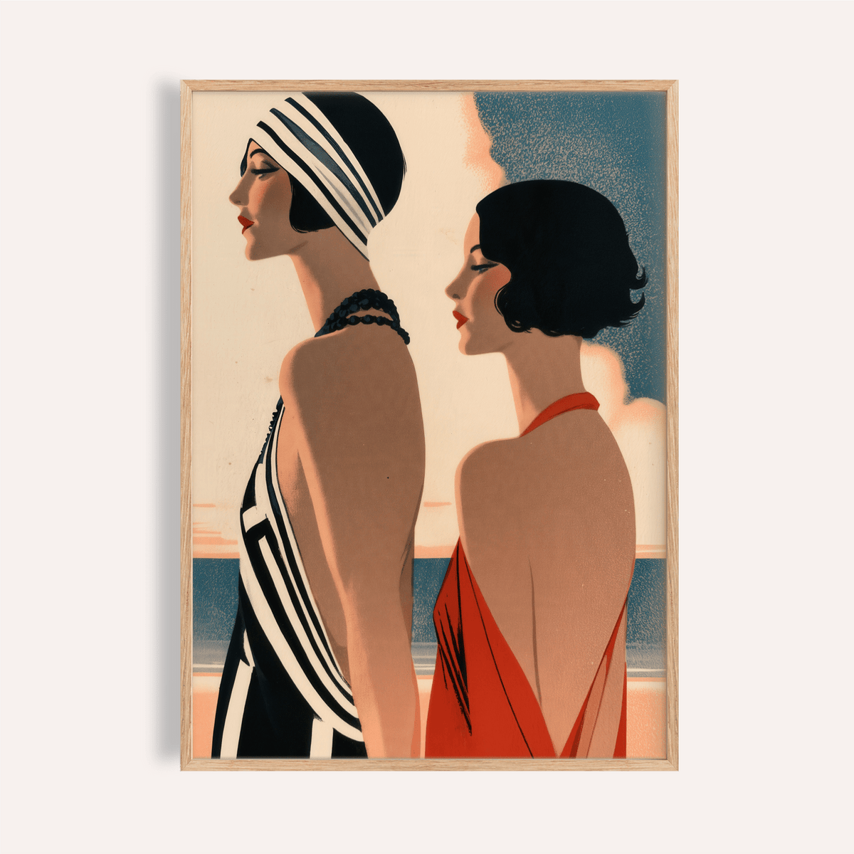 Framed close-up of Art Deco Riviera Fashion Print showing two elegant women in black and red dresses