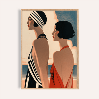 Framed close-up of Art Deco Riviera Fashion Print showing two elegant women in black and red dresses