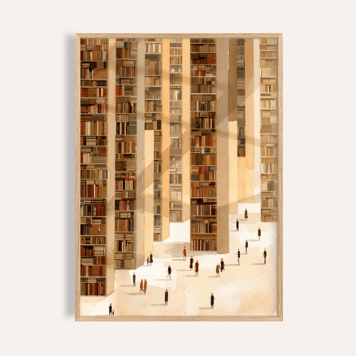 Framed Library Art Print showing tall library stacks and small human figures in warm beige and brown tones