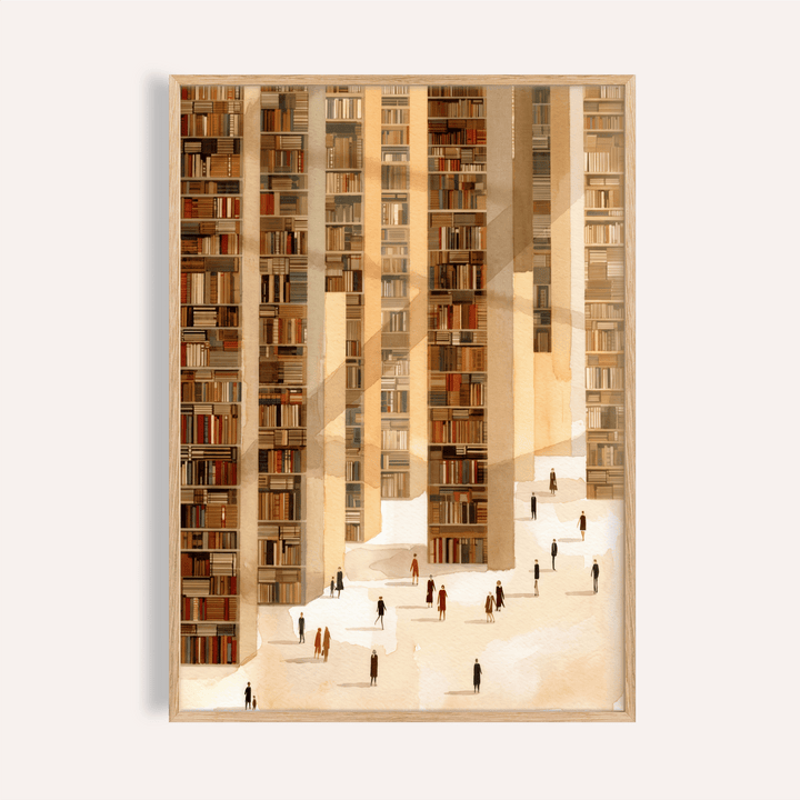 Framed Library Art Print showing tall library stacks and small human figures in warm beige and brown tones