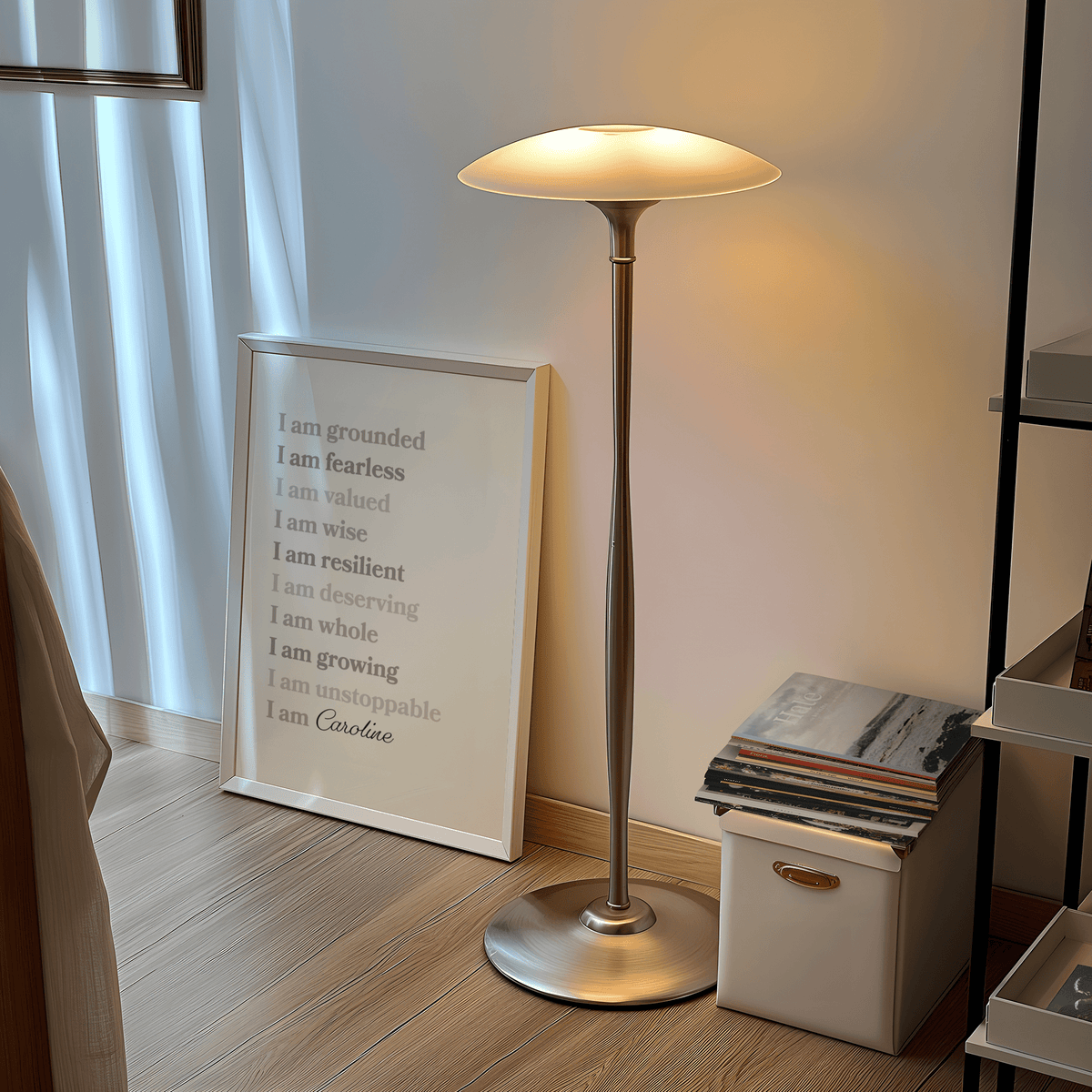 Custom Quote Poster leaning on a floor next to a silver lamp and storage box in soft light
