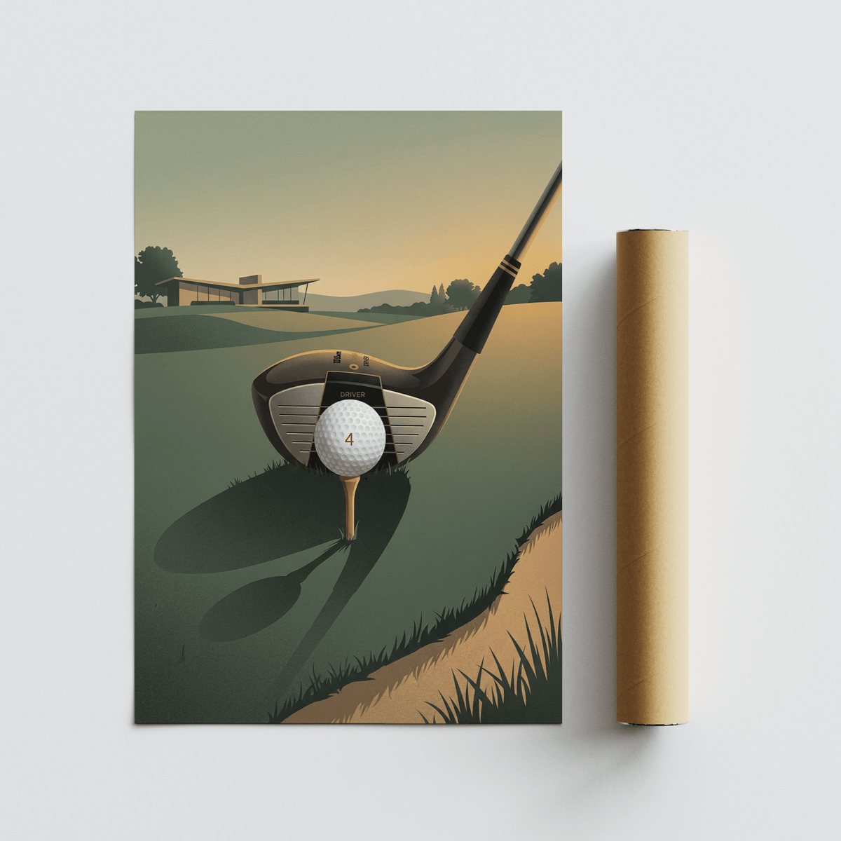 Golf driver art print with minimalist style shown beside a packaging tube on a light surface