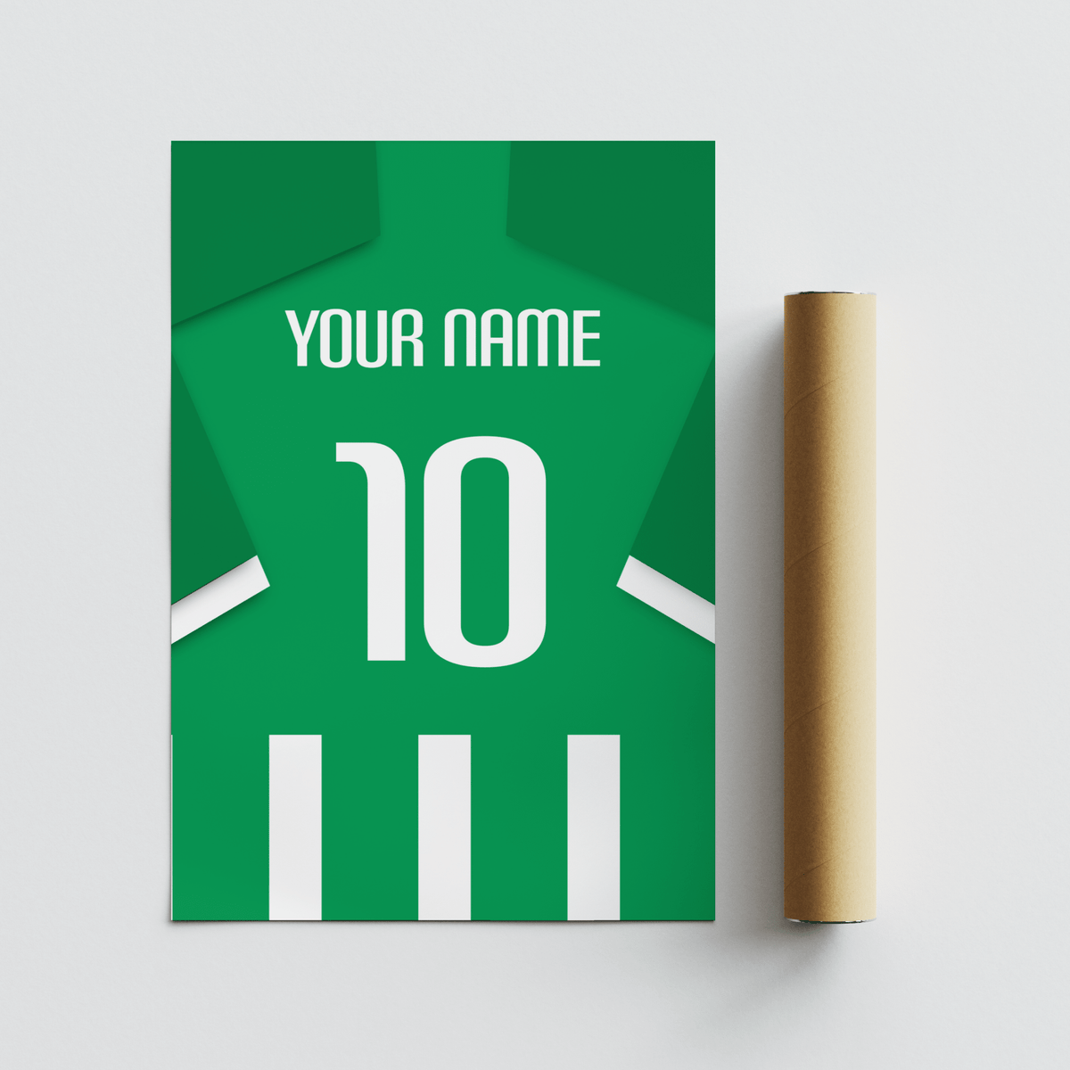Football Shirt Poster in Green and White Stripes lying flat next to a brown packaging tube