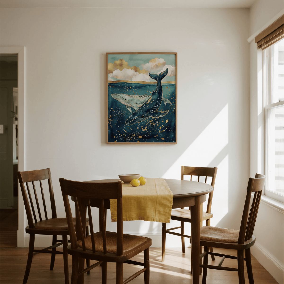 Print on a wall in a dining room featuring two whales underwater in blue and gold tones above a wooden dining table
