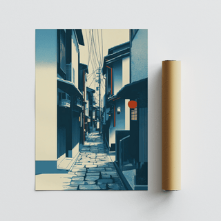 Japanese Street Wall Art print showing a narrow Kyoto street in blue and beige tones with a red lantern beside a packaging tube