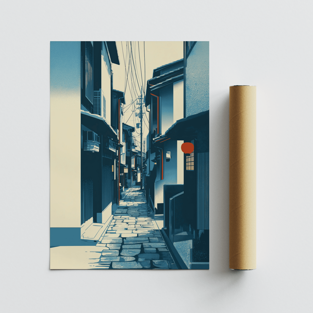 Japanese Street Wall Art print showing a narrow Kyoto street in blue and beige tones with a red lantern beside a packaging tube
