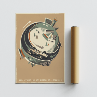 Single Seater Race Car wall art print with retro colours next to a brown packaging tube