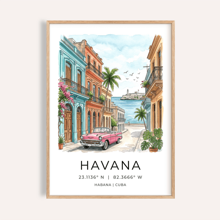 Close-up of Havana wall art featuring a pink vintage car and colourful buildings framed in light wood