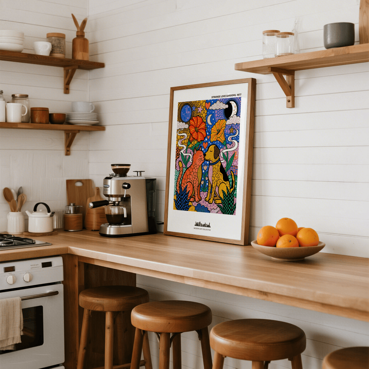 Print leaning on a shelf colourful pop-art illustration of a cat and dog in a kitchen with wooden stools