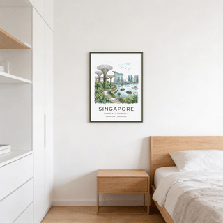 Singapore City Landscape Art print on a bedroom wall above a wooden bedside table with white bedding
