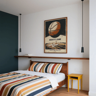 Surreal Basketball Art Print as framed print on a bedroom wall above a wooden bed with striped bedding