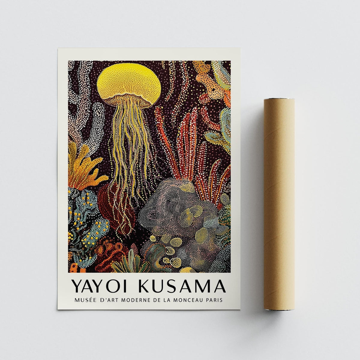 Jellyfish poster rolled print beside a brown packaging tube featuring yellow jellyfish artwork