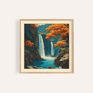 Framed Hasui Kawase waterfall wall art with autumn leaves and rocky cliffs