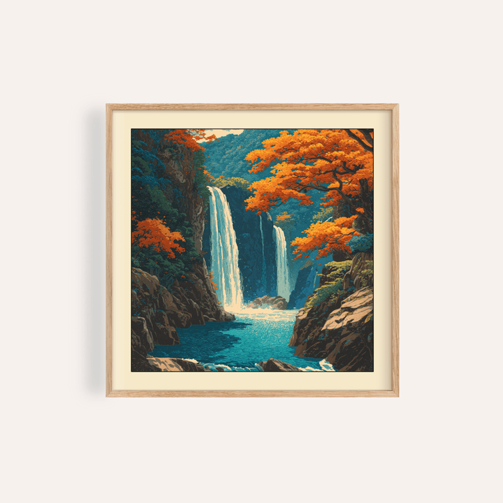 Framed Hasui Kawase waterfall wall art with autumn leaves and rocky cliffs