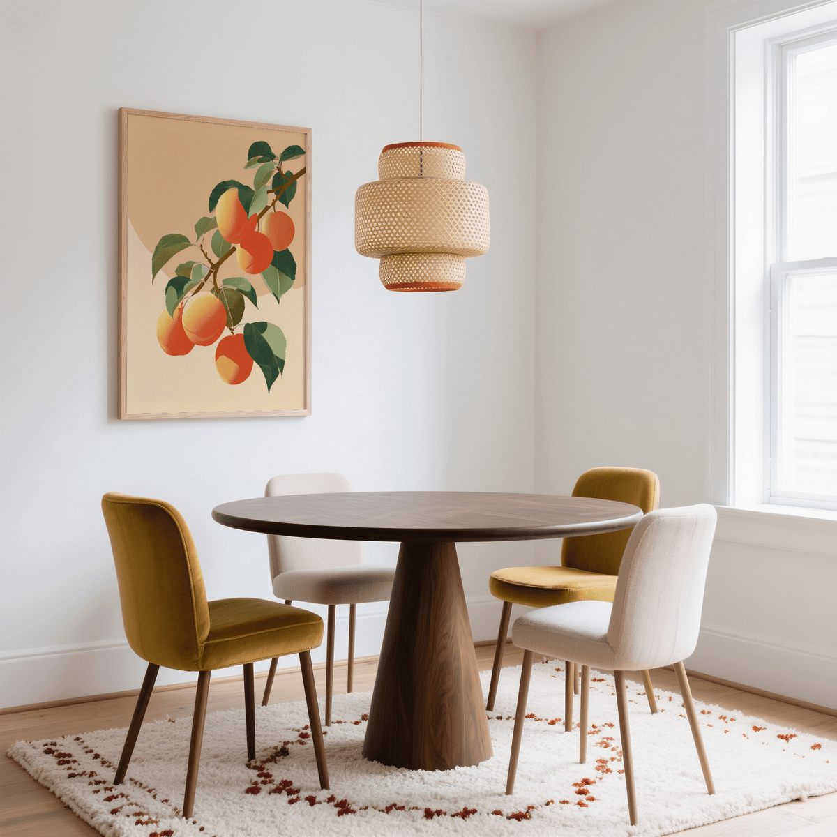 Apricot wall print of apricots on a branch in beige and green hanging above a round dining table with four chairs