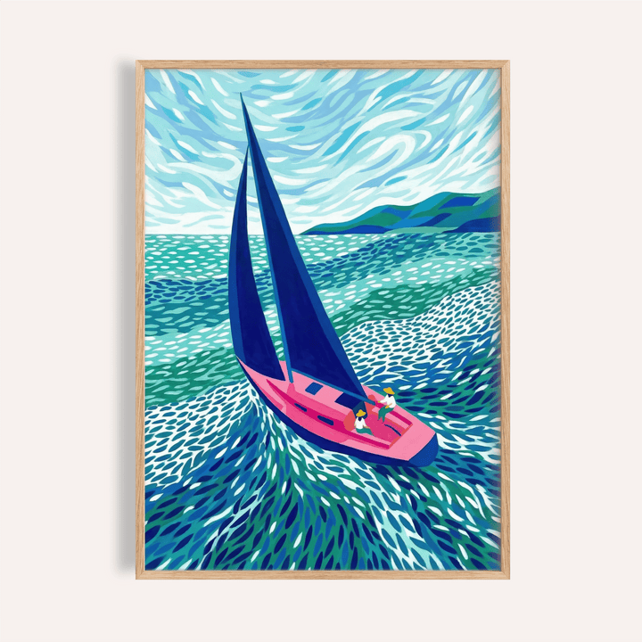 Framed Sailboat Art Print with blue and green sea and pink sailboat with two people