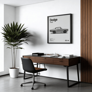 Classic Muscle Car Art Print framed on wall above a wooden desk with a black chair and a plant nearby