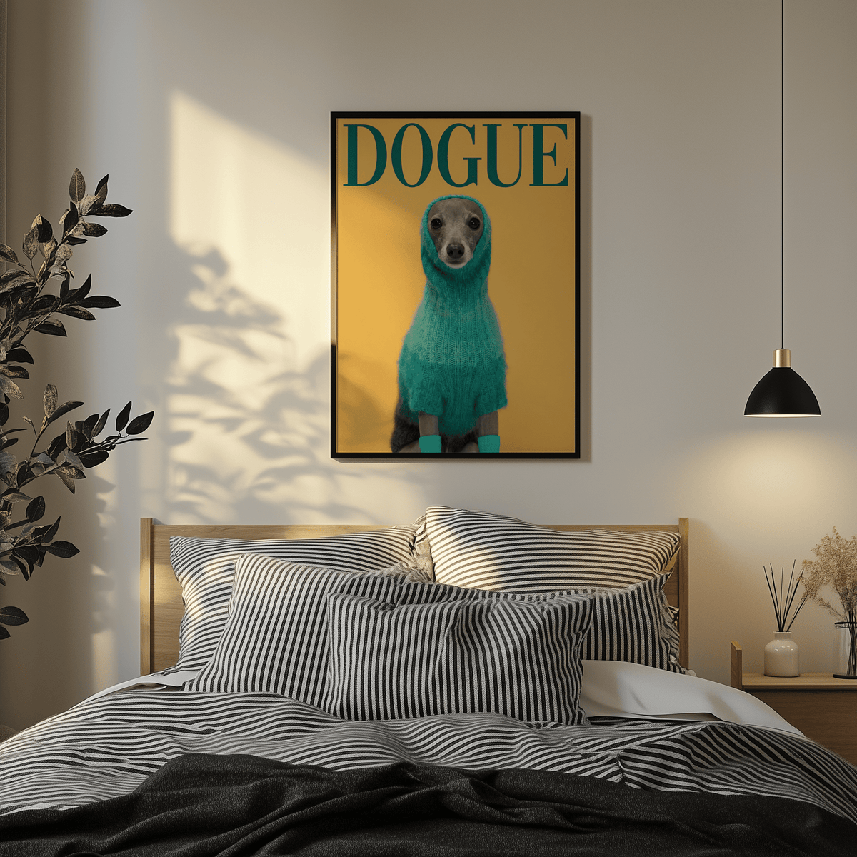 Cute Pet Wall Art above bed with black and white striped bedding and a plant nearby