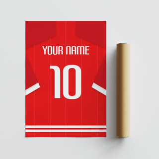 Rolled print with packaging tube showing a red football shirt poster with white number on a grey background