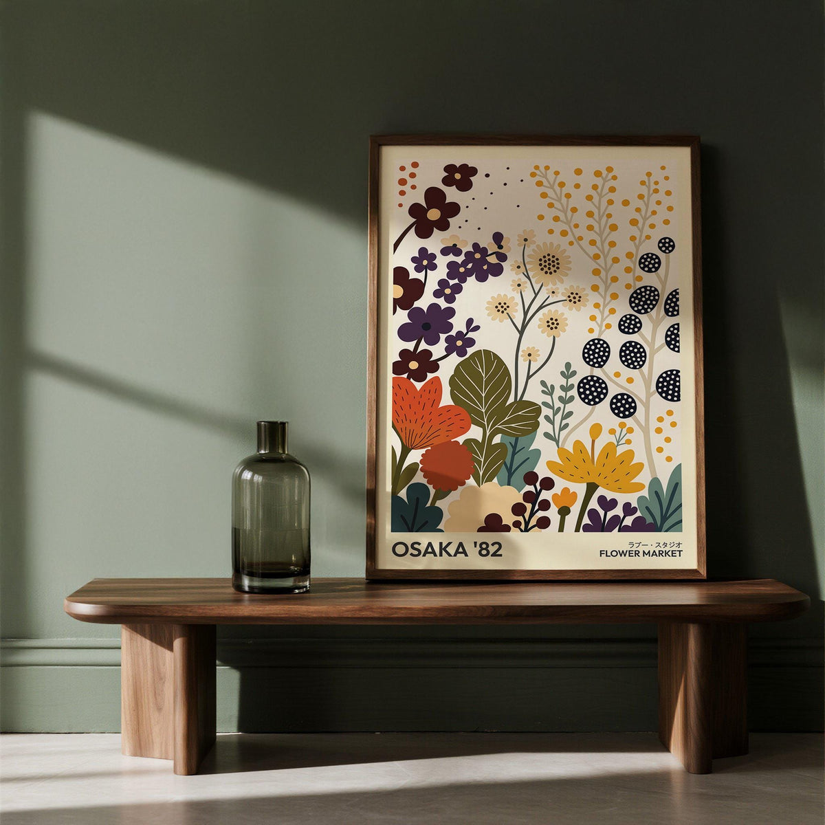 Flower Prints Art framed print of stylised floral bouquet in muted autumnal colours on a wooden bench with a green glass vase