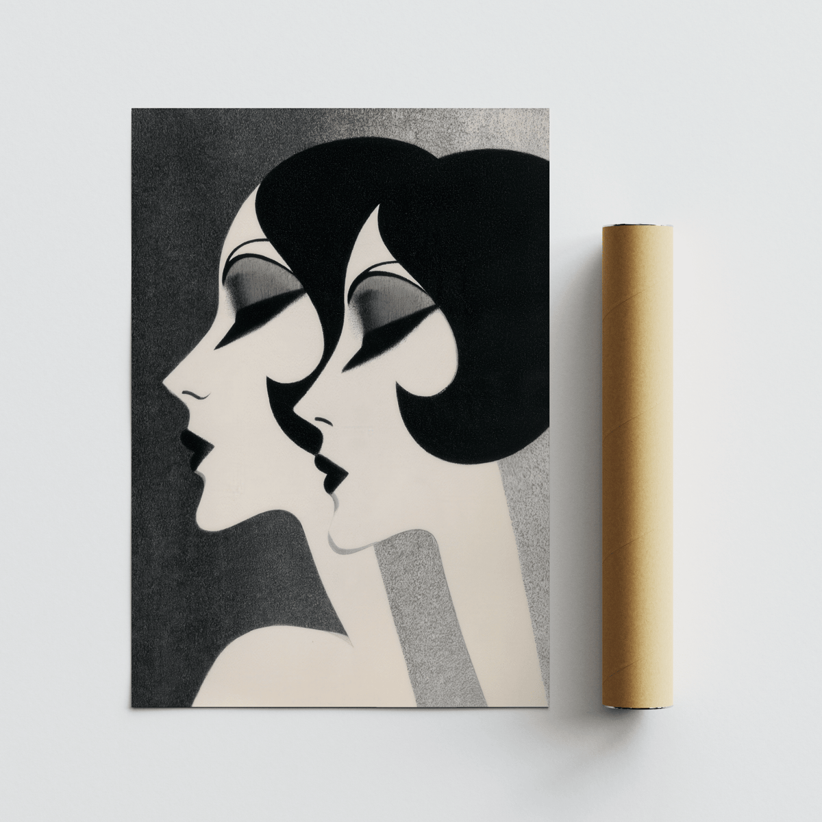 Art Deco Female Profiles Print flat artwork showing two stylised female profiles in black and white beside a brown packaging tube