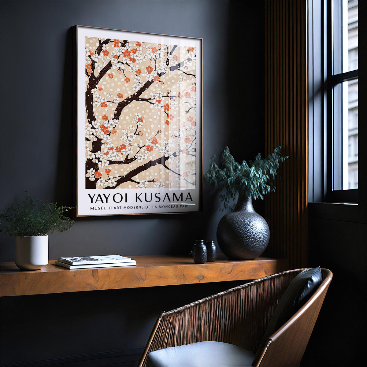 Cherry Blossom Tree Art framed print of illustrated branches with white and orange blossoms in a dark room
