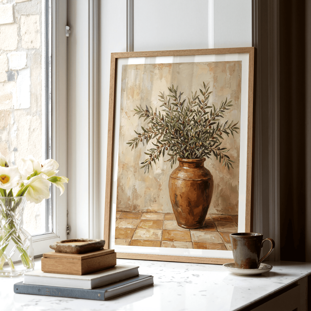 Rustic Olive Art print leaning on a windowsill with books and a mug nearby