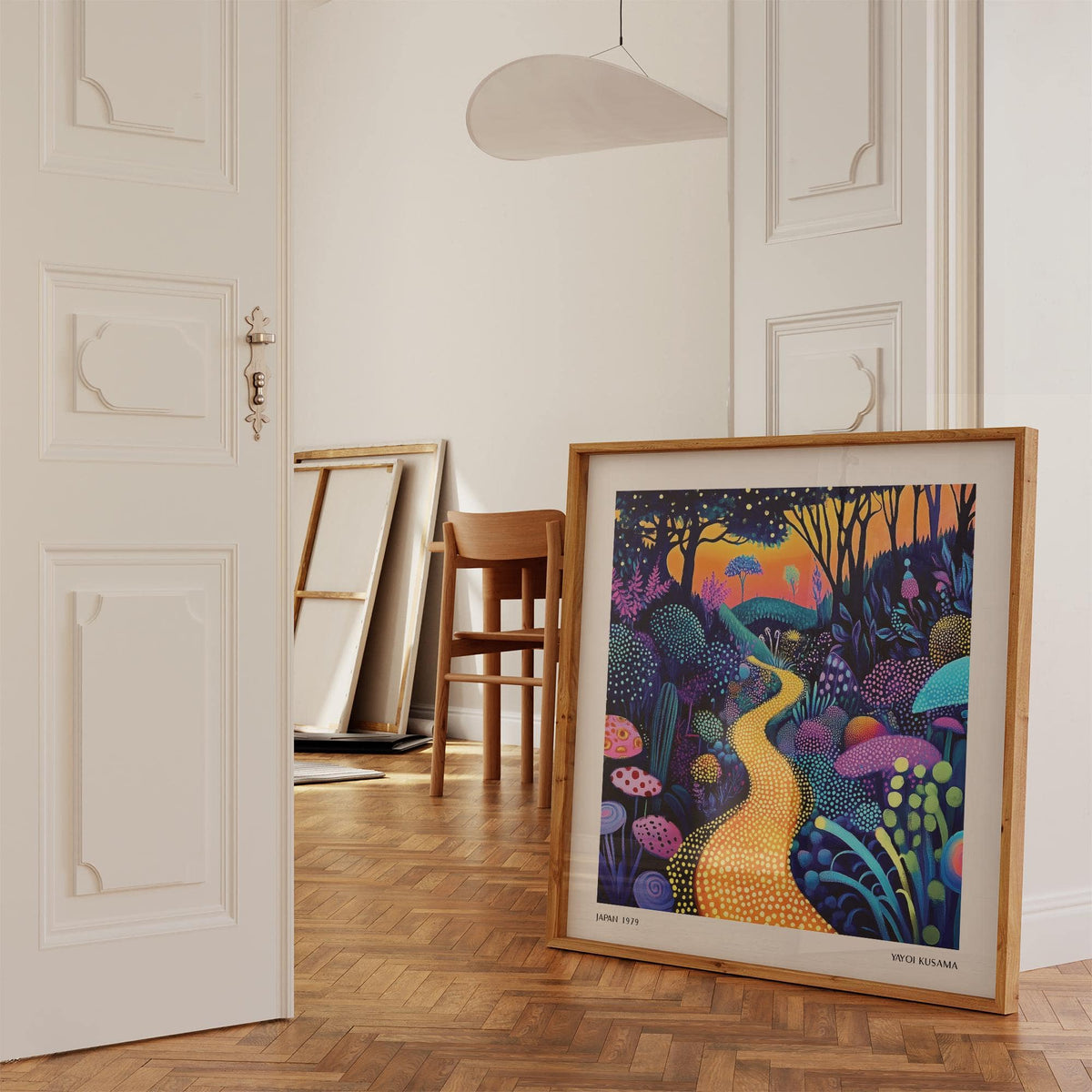 Polka Dot Pop Art print leaning on a wooden floor in a neutral room with stacked frames