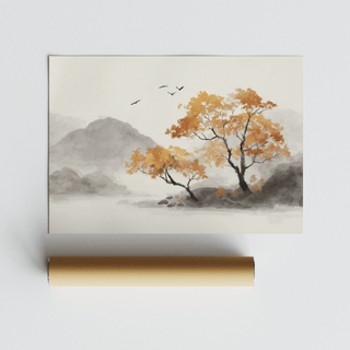 Autumn Tree Art Print with orange and grey watercolour trees and birds rolled with packaging tube