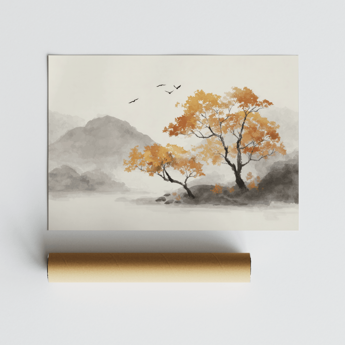 Autumn Tree Art Print with orange and grey watercolour trees and birds rolled with packaging tube
