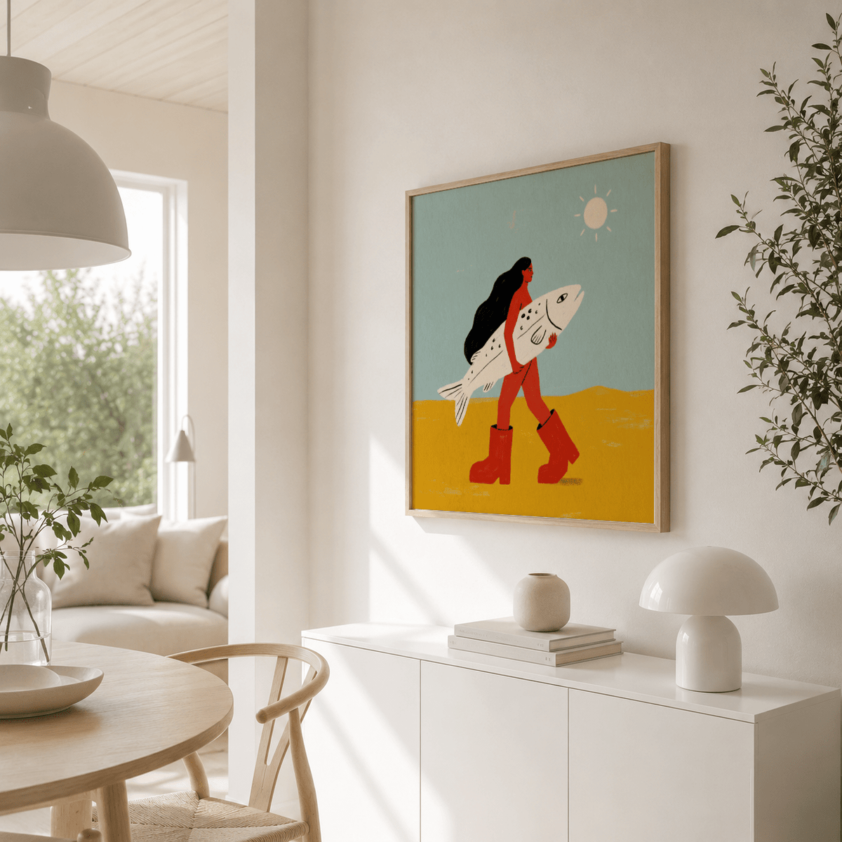 Woman Carrying Fish print in minimalist style with red and blue tones in a bright dining room