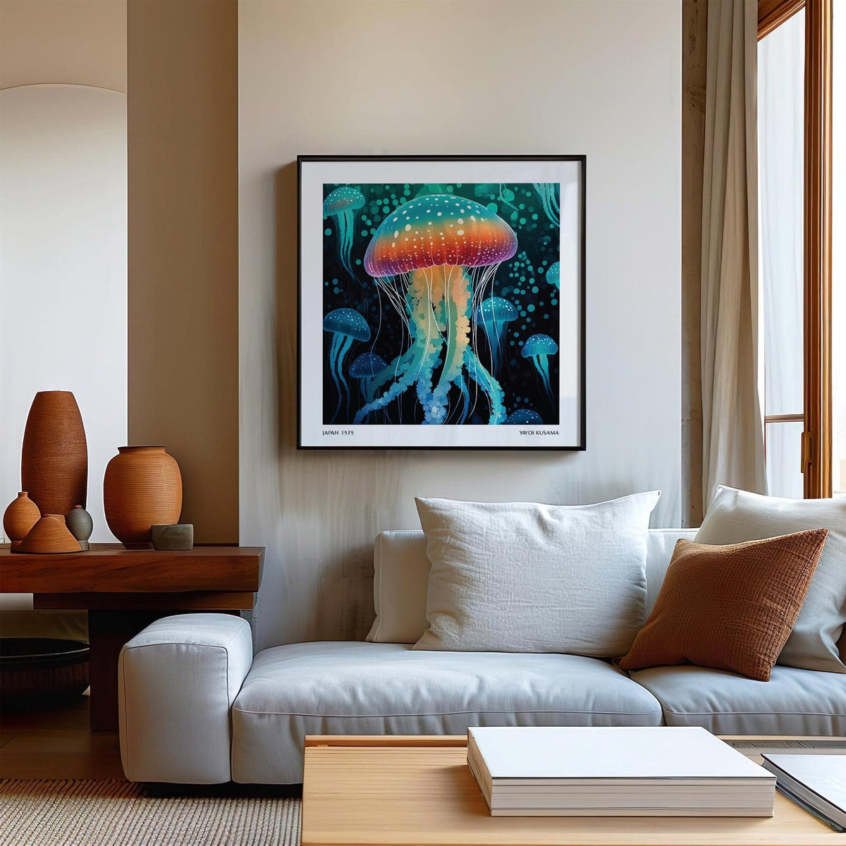 Art Unique Wall framed print of a rainbow jellyfish with blue and orange against white sofa