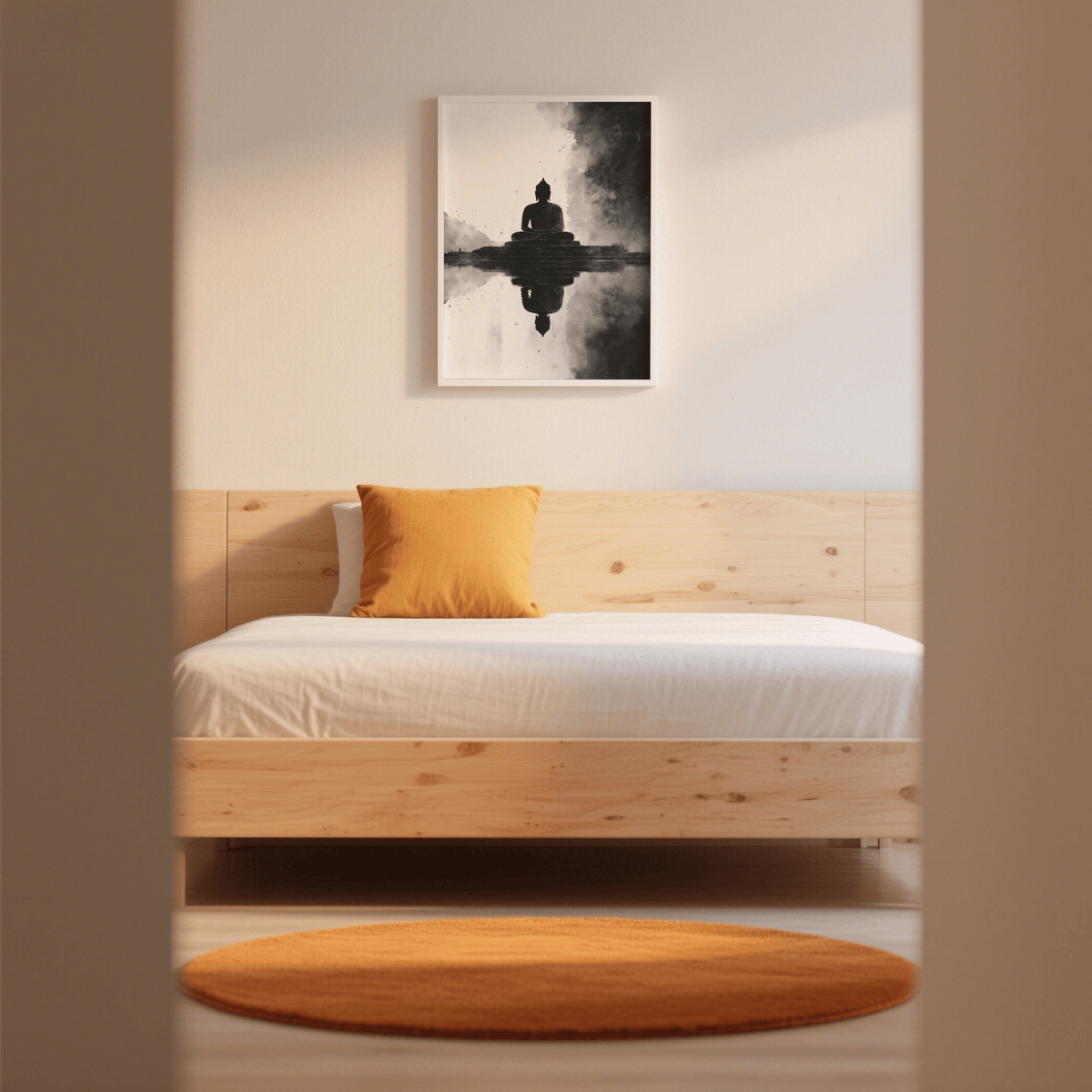 Meditation Art Print above a wooden bed with a white pillow and an orange cushion in a bedroom