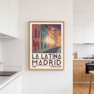 Madrid City wall art of colourful buildings in a minimalist style in a kitchen above a white countertop