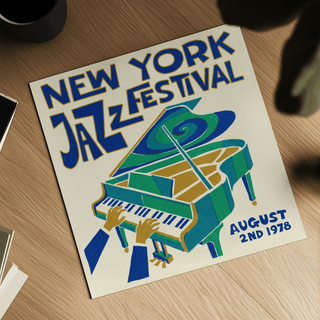 New York Jazz Festival print showing a colourful illustrated piano with blue and green tones on a wooden surface with a cup nearby