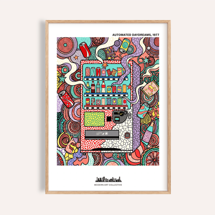 Framed close-up of vending machine art print in abstract style with red and teal highlights