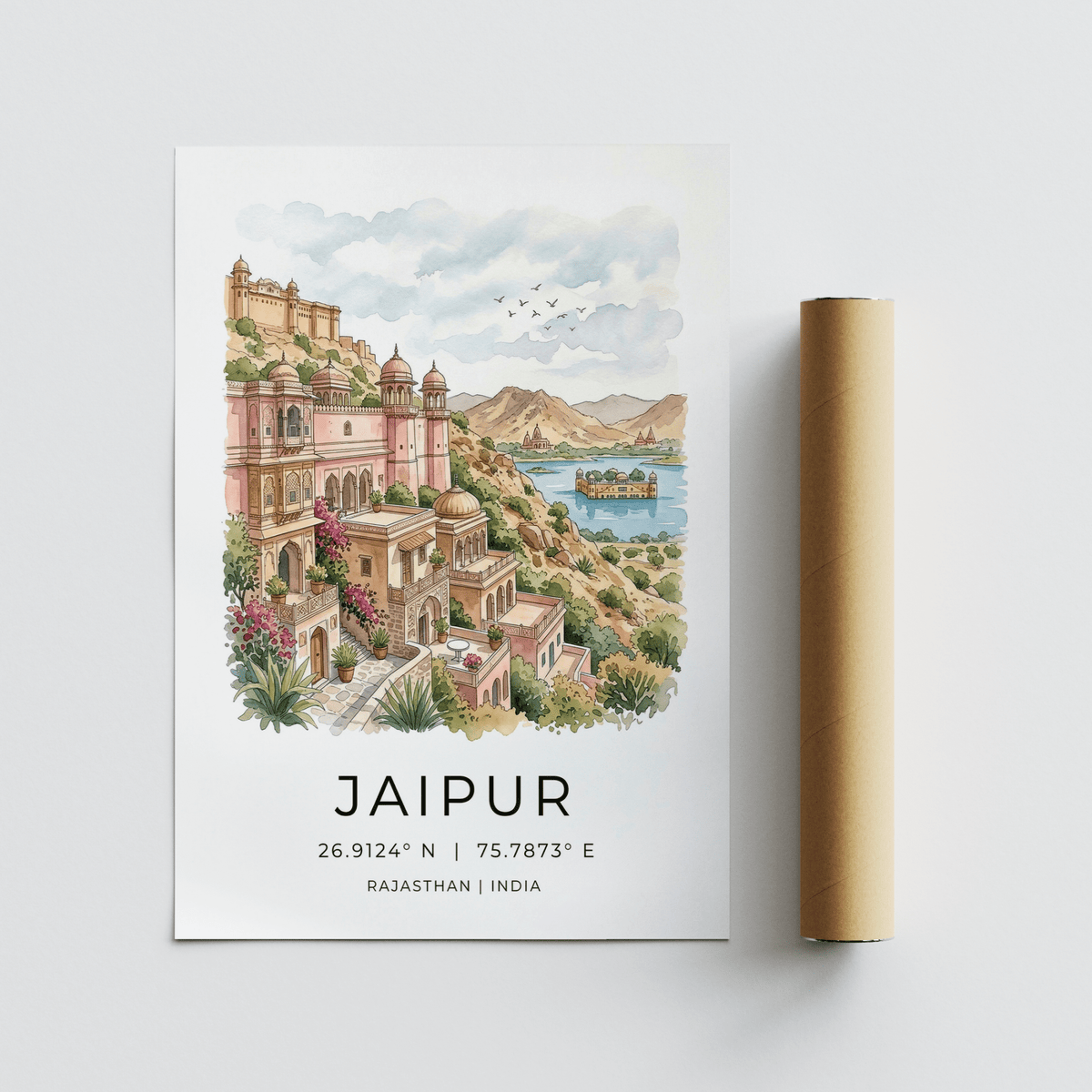 Watercolour Jaipur art print showing a cityscape with buildings and hills alongside a packaging tube