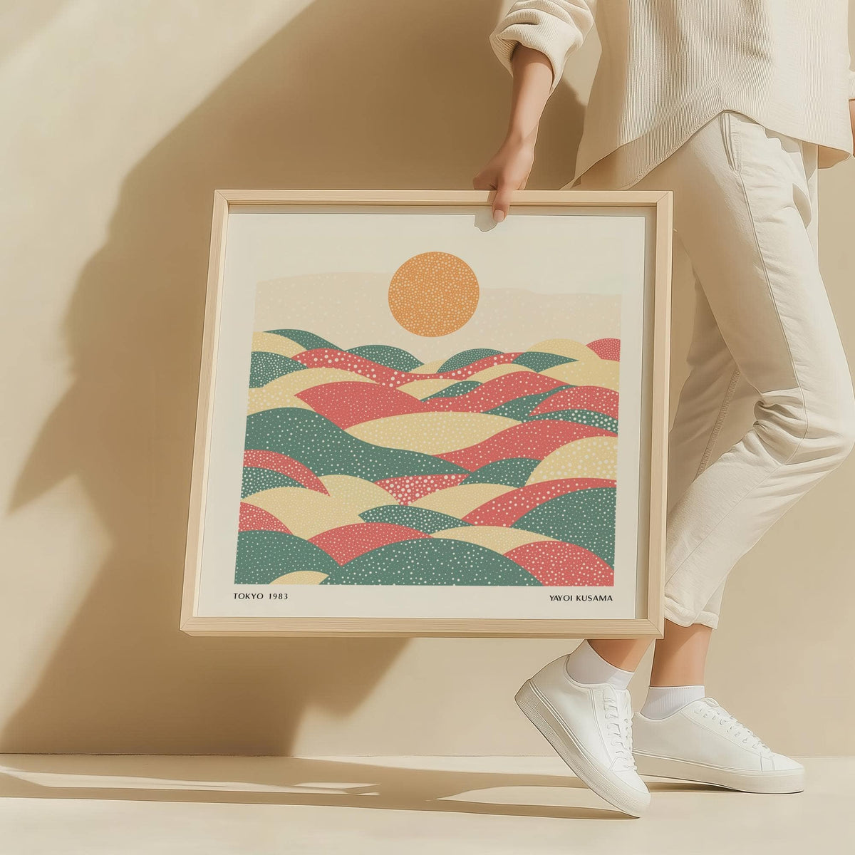Framed print of pastel abstract artwork with hills and dots held by a person in white shoes