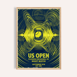 Framed Tennis Night Art Print with yellow abstract tennis ball design and text on dark blue background