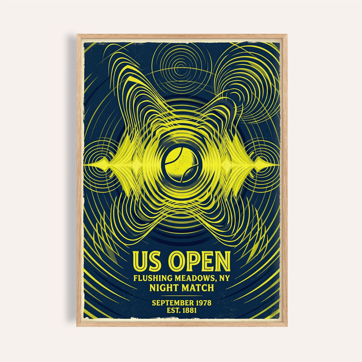 Framed Tennis Night Art Print with yellow abstract tennis ball design and text on dark blue background