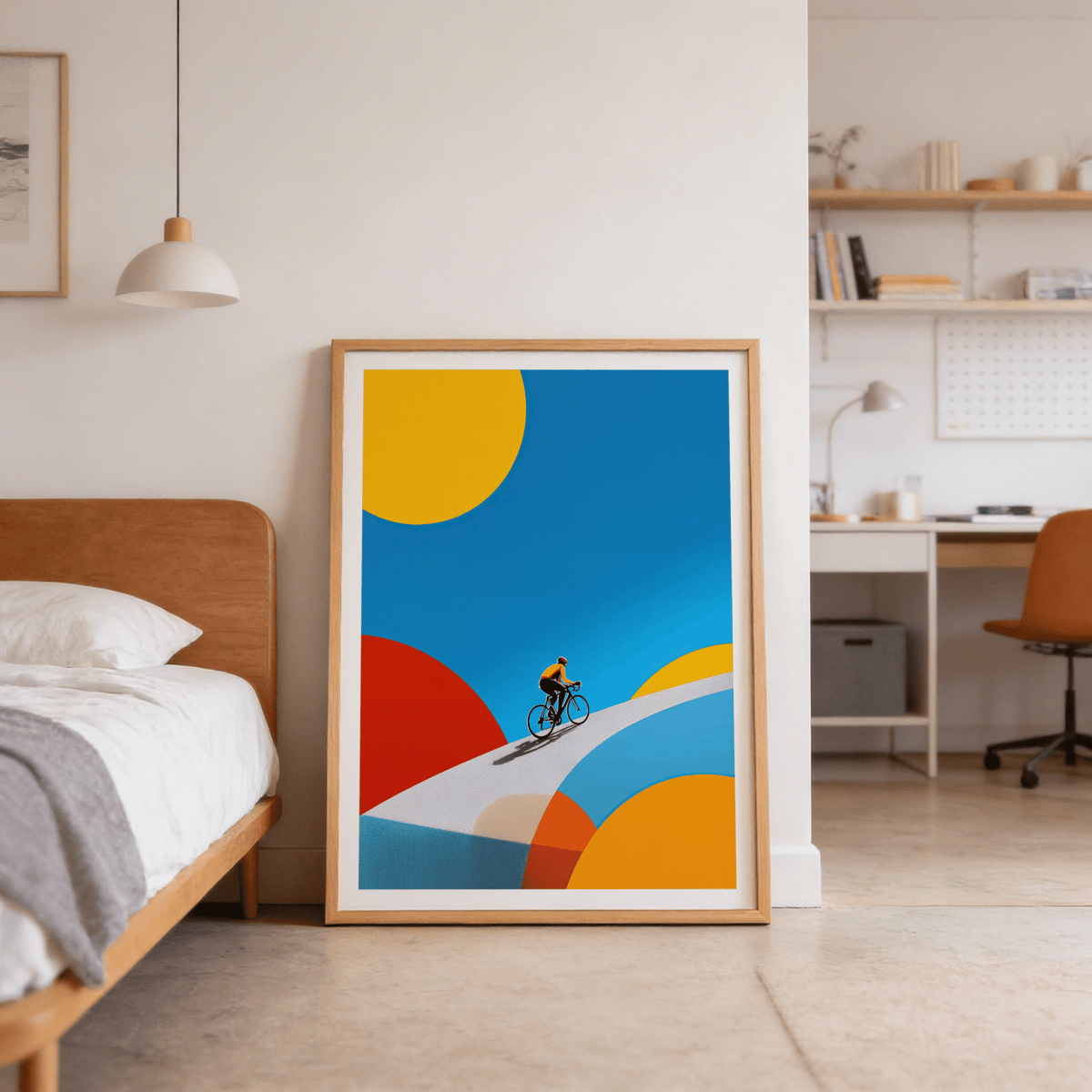 Abstract Bike Poster print leaning on floor with minimalist cyclist and bright colourful shapes next to bed