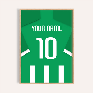 Framed Football Shirt Poster in Green and White Stripes with the number 10 in close-up
