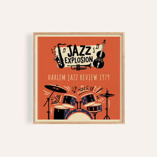 Framed Harlem Jazz Art poster with retro jazz instruments on a burnt orange background