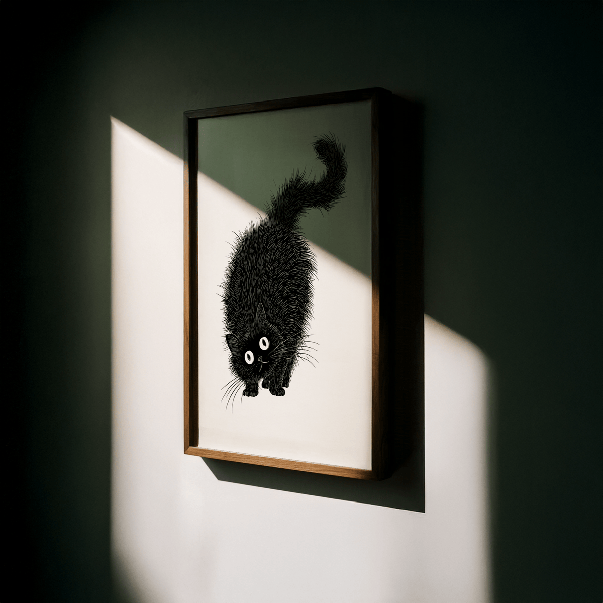 Framed Arched Back Cat Print in dark wood frame with shadow and light contrast on wall